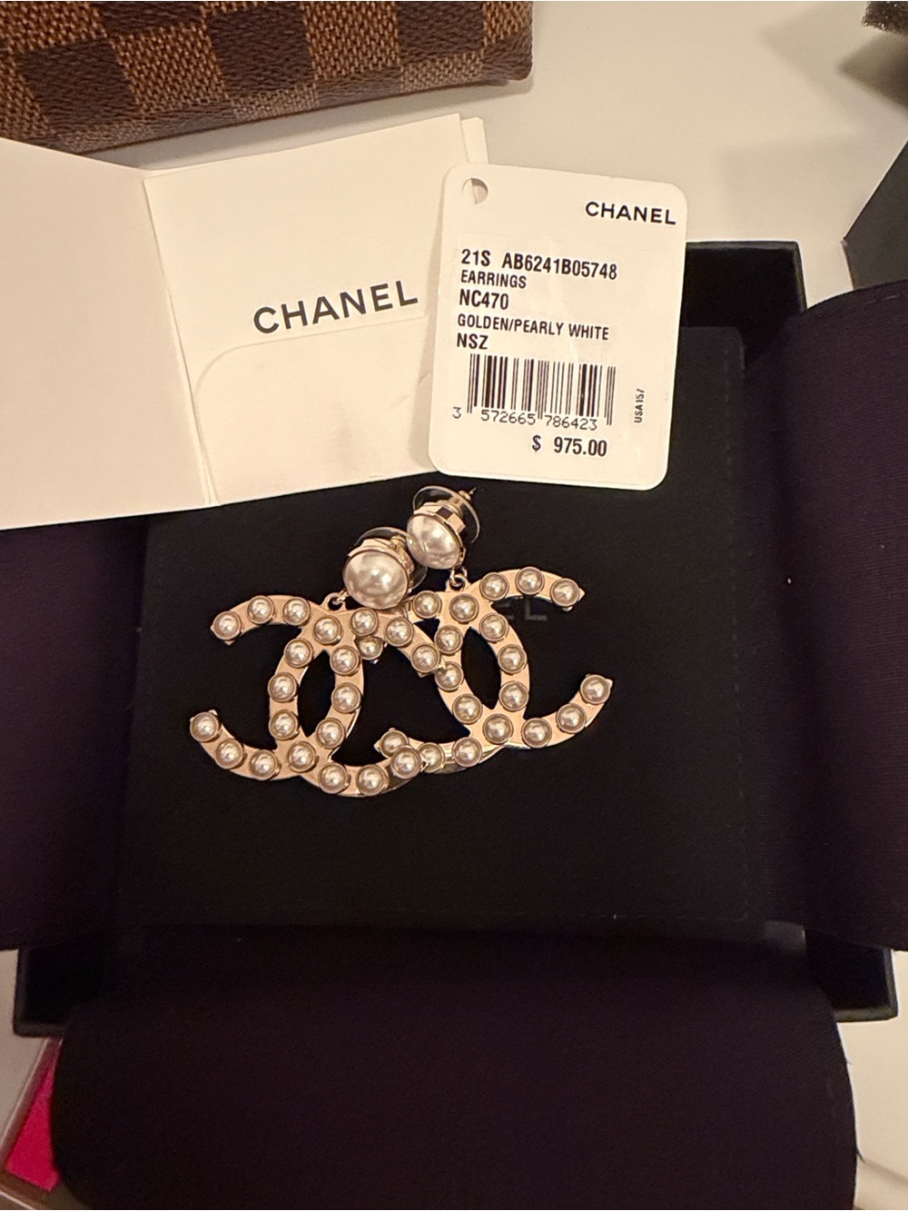 CHANEL 21S XL Gold Pearl Metal CC Logo Large Drop Statment Earrings